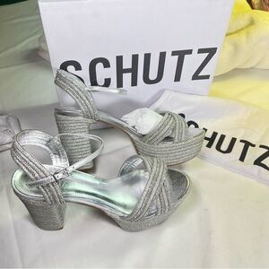 Schutz New Womens10 Latifah Glam Silver Platform Metallic Glittery Heels Sandals
